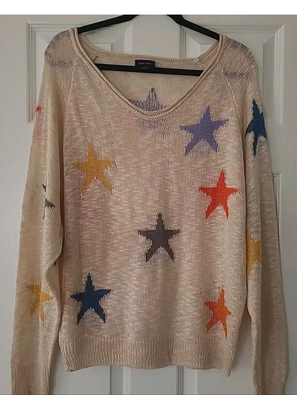 BLANK PAIGE Women's Light Knit Loose Fit Sweater Red White Blue Star Size L